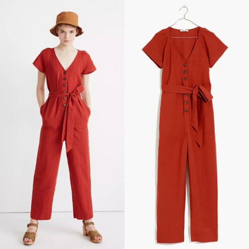 Madewell Red Linen Short Sleeve Jumpsuit